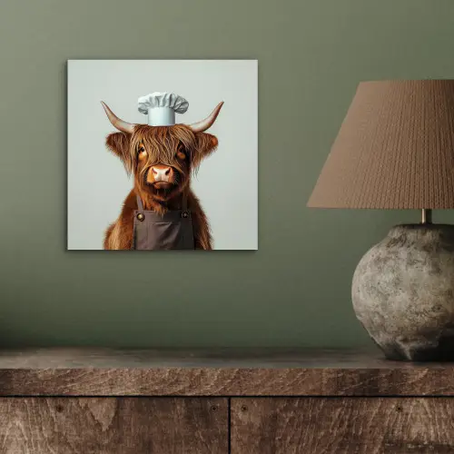 Schotse Hooglander - Bruin - Hoorns - Kokskleding aluminium wit klein -sfeer2