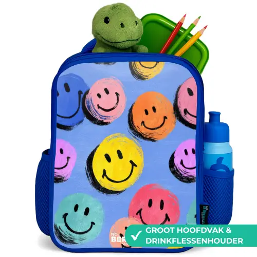 Een speels en kunstzinnig patroon van kleurrijke smileys Kinderrugzak - Blauw middel -inhoud_NL
