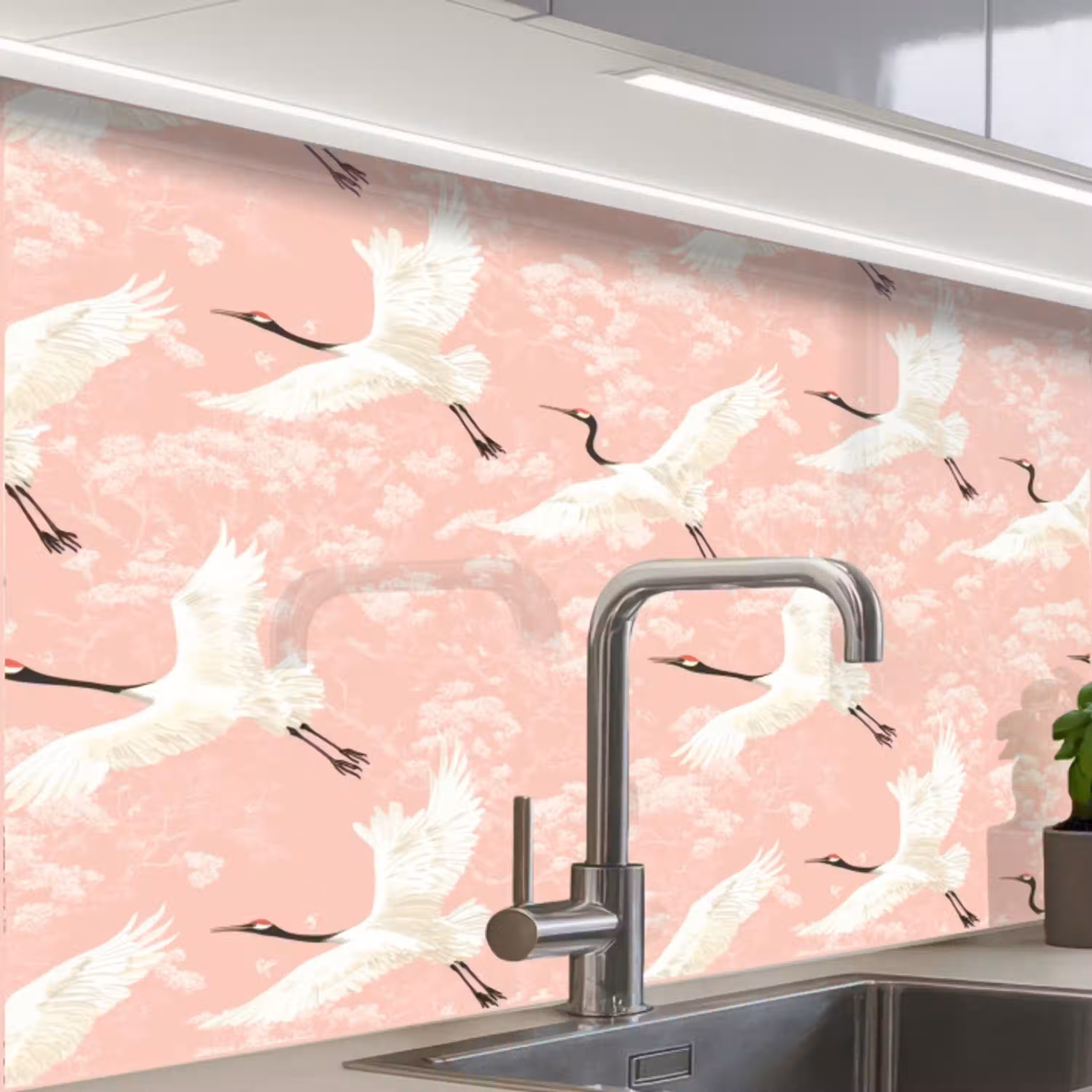 Kraanvogels - Bloesem - Roze keuken achterwand 2 middel 865 -zzzz3d_schuin