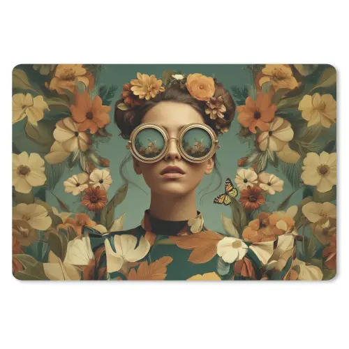 Bloemenkrans - Vrouwengezicht - Zonnebril - Oranje muismat rubber klein -3d