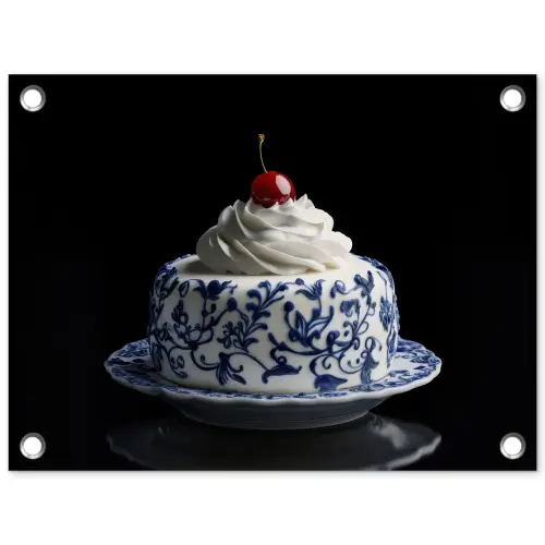 Taart - Slagroom - Kers - Bord - Delfts blauw tuinposter los doek klein -3d