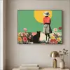 Retro - Meisje - Kat - Zon Textielframe zwart klein -sfeer2
