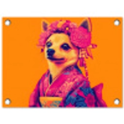 Kimono - Hondje - Bloemenkroon - Oranje tuinposter los doek klein -3d