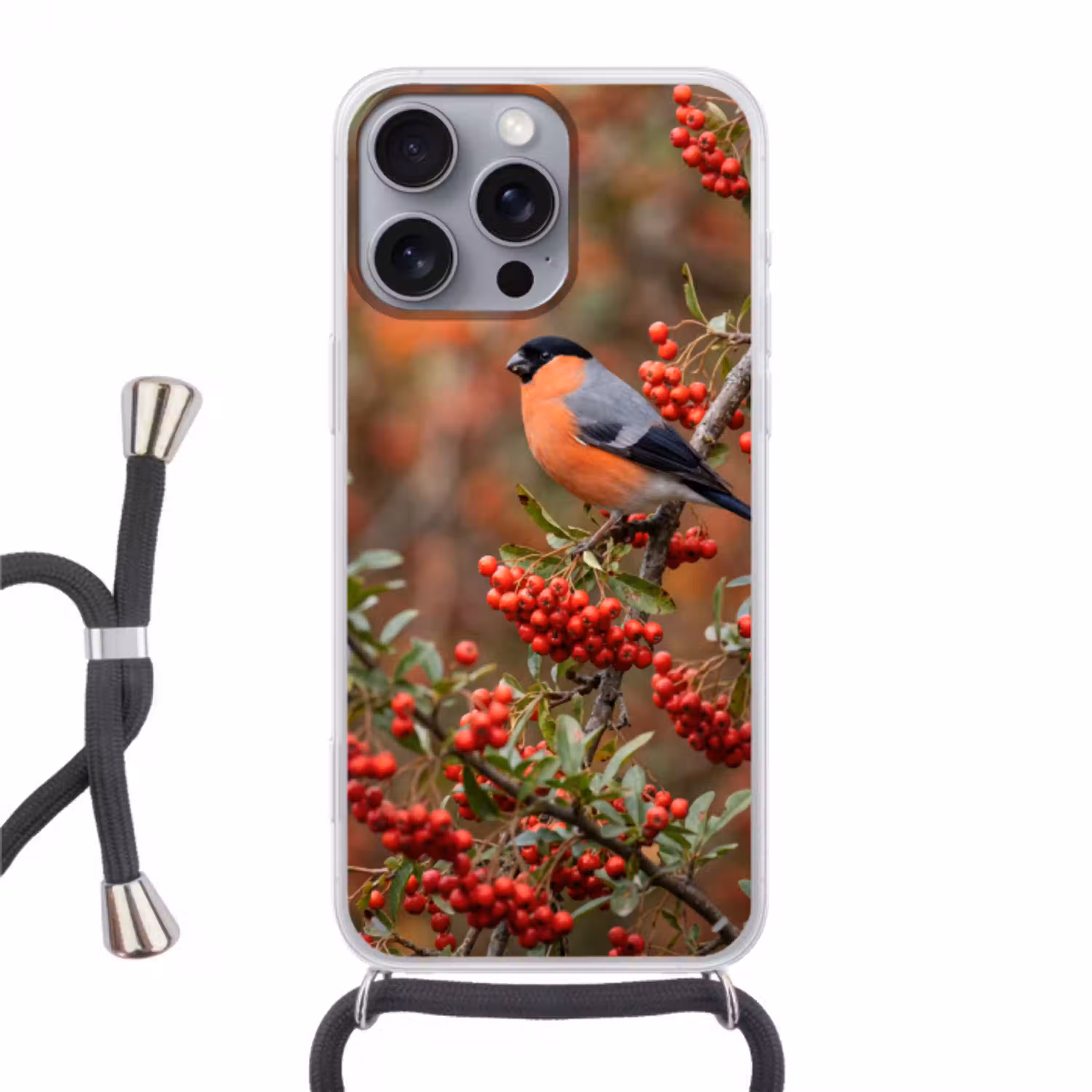 Goudvink - Bessen - Herfst - Natuur - Kleurrijk Hoesje iPhone 16 Pro Max met koord klein -3d