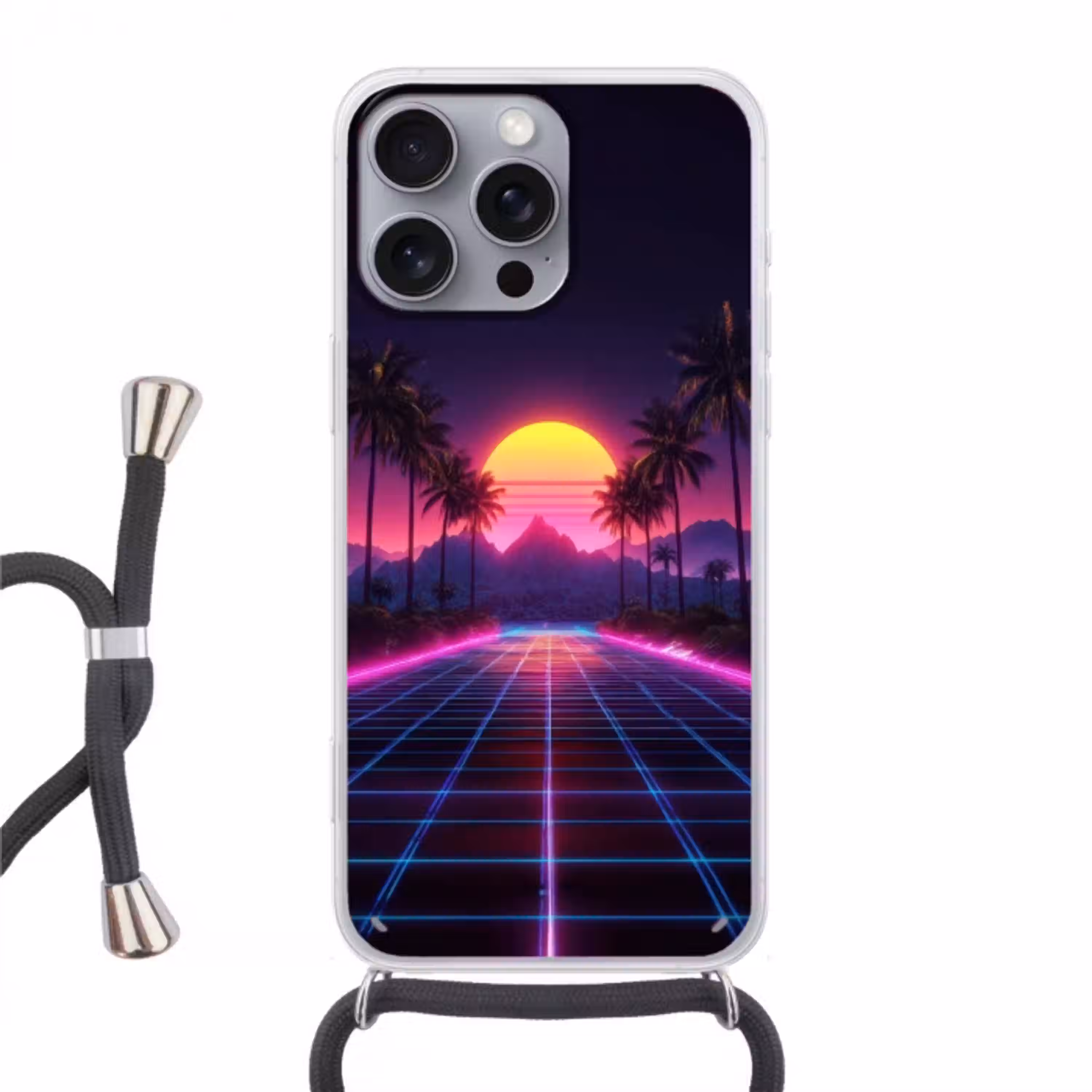 Horizon - Palmbomen - Bergen - Geel Hoesje iPhone 16 Pro Max met koord klein -3d