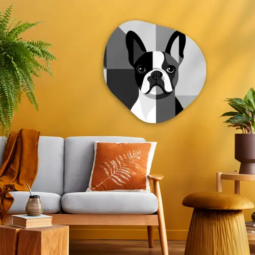 Buldog - Zwart - Abstract - Vlakken Wandcirkel Organisch Plexiglas middel -sfeer4