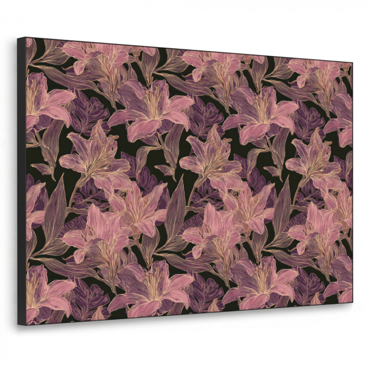 Lelies - Patroon - Paars - Goud Textielframe zwart klein 947 -3d