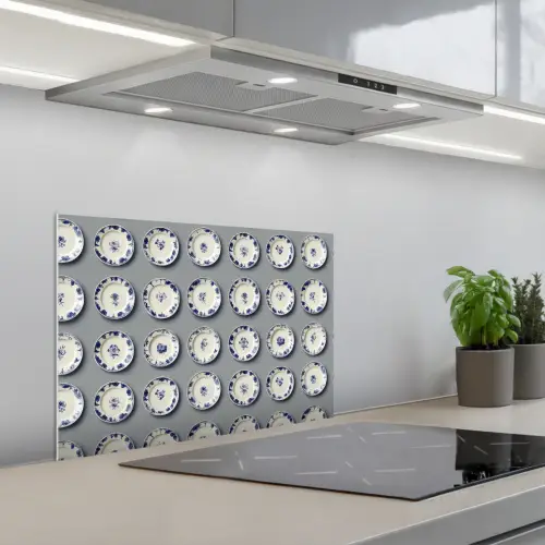 Borden - Bloemen - Blauw - Wit keuken achterwand spatscherm klein 900 -3d_schuin