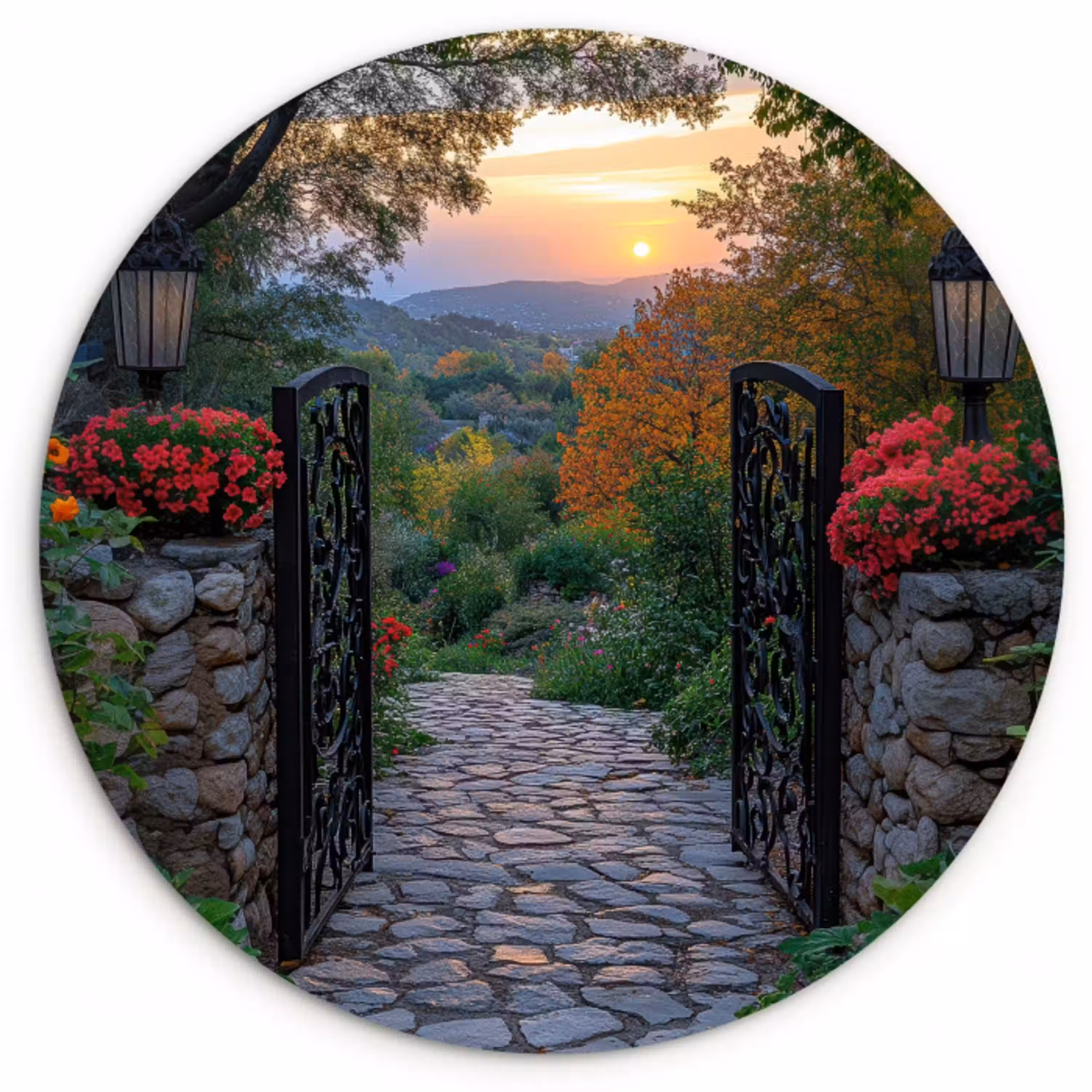Landschap - Hek - Pad - Zonsondergang - Natuur Wandcirkel kunststof plaat 5mm dik klein -3d