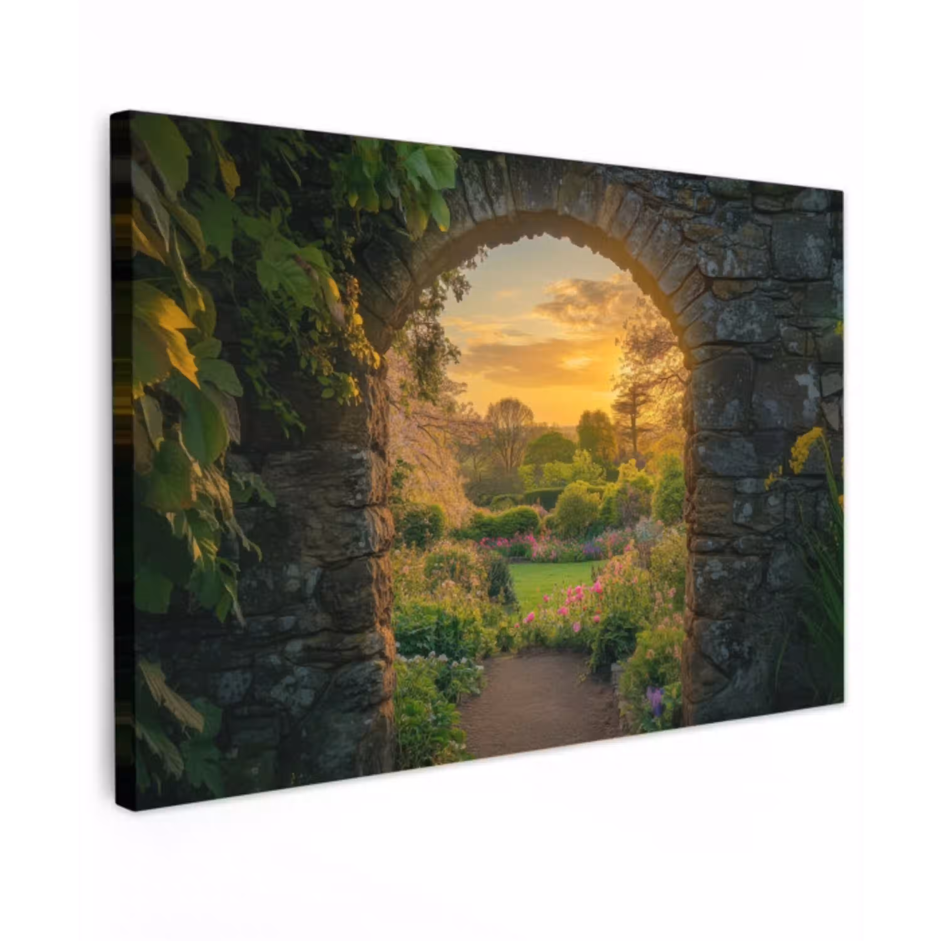 Poort - Planten - Zonsondergang Tuinposter op houten frame 2 cm dik klein -3d