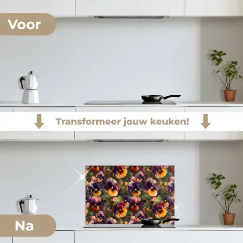 Warm - Patroon - Penseel - Viooltjes keuken achterwand spatscherm klein 900 -voor_na_NL