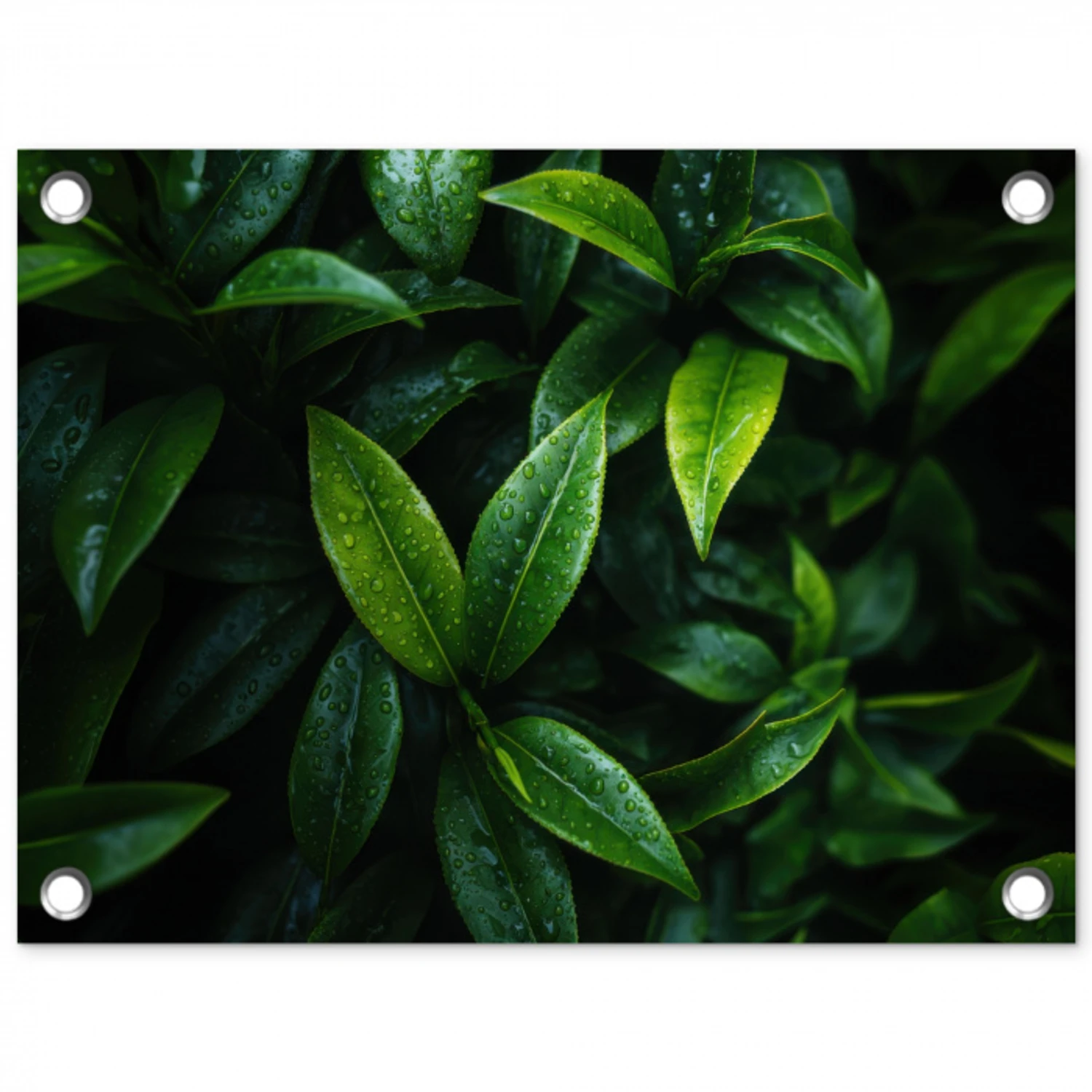 Bladeren - Regendruppels - Licht - Groen tuinposter los doek klein -3d