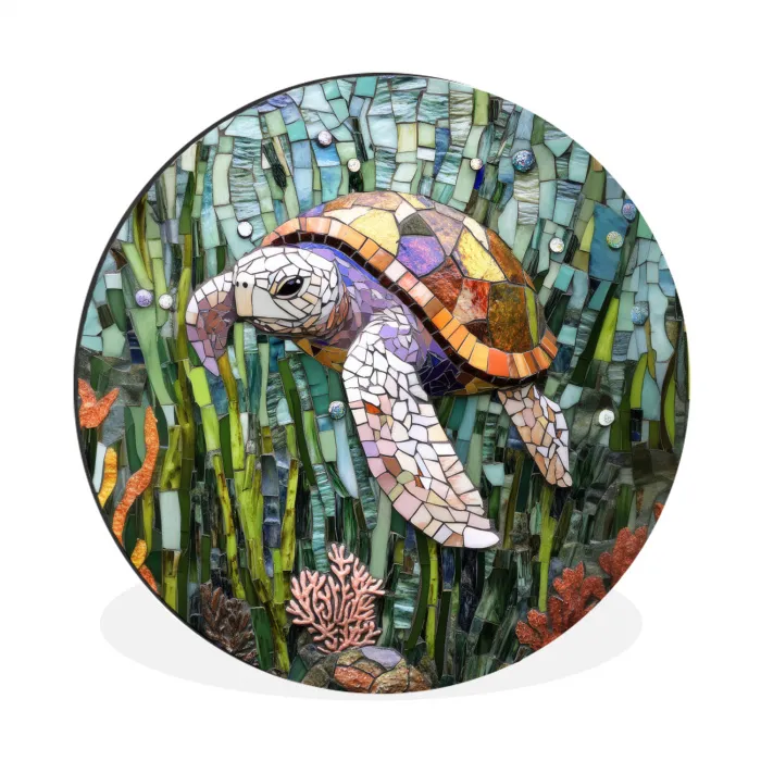 Schildpad - Zeewier - Mozaïek Wandcirkel aluminium klein -3d
