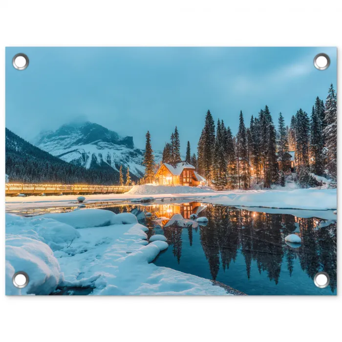 Winterlandschap - Natuur - Huis - Bergen - Sneeuw tuinposter los doek klein -3d