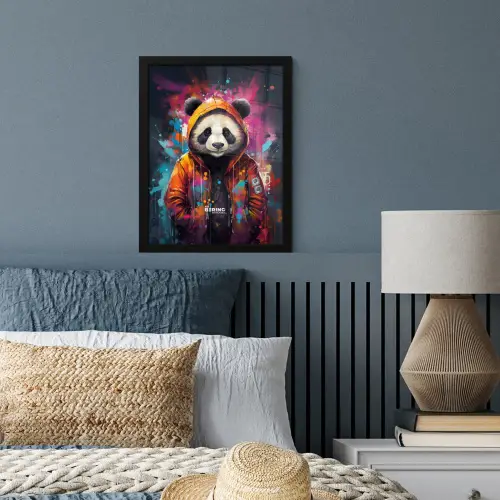Panda met oranje jas en verfspetters fotolijst zwart zonder passe partout klein -sfeer3
