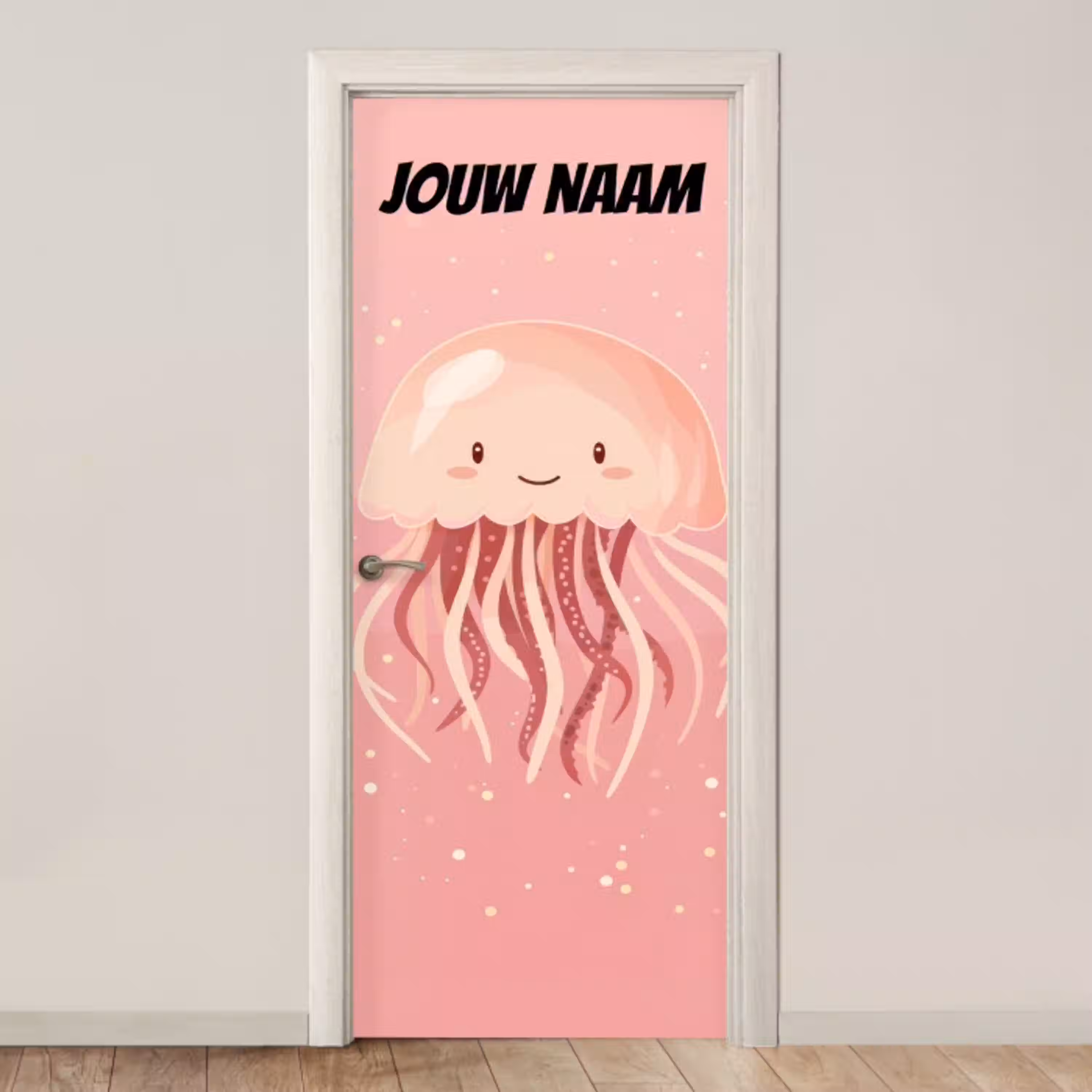 Schattige kwal in roze tinten met de tekst “Deze kamer is van: jouw naam”. deurposter klein -3d_beige