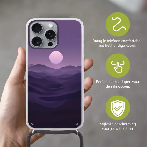Heuvels - Paars - Mist - Zon Hoesje iPhone 16 Pro Max met koord klein -sfeer2_NL