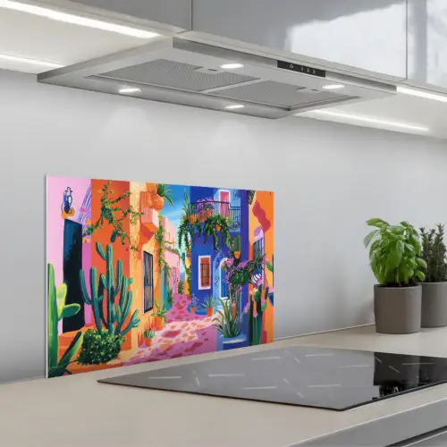 Geel - Blauw - Oranje - Huis keuken achterwand spatscherm klein -3d_schuin