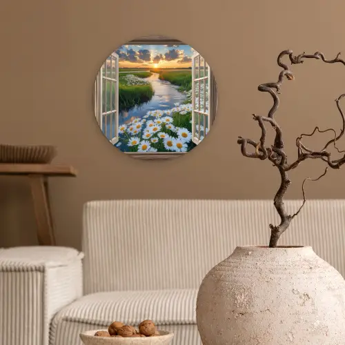 Doorkijk - Landschap - Raam - Water - Zonsondergang Wandcirkel kunststof plaat 5mm dik klein -sfeer1