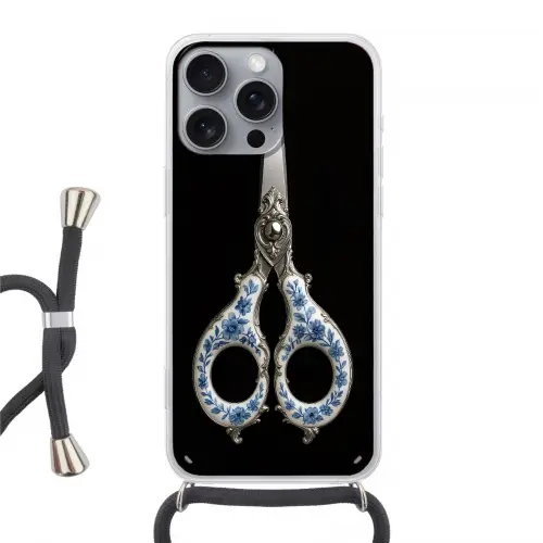 Schaar - Delfts blauw - Zwart Hoesje iPhone 16 Pro Max met koord klein -3d