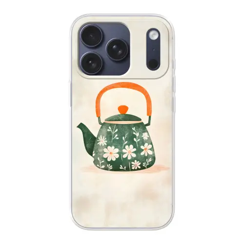 Theepot - Groen - Bloemen - Oranje Telefoonhoesje iPhone 17 Pro klein -3d