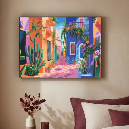 Geel - Blauw - Oranje - Huis Textielframe zwart klein -sfeer1
