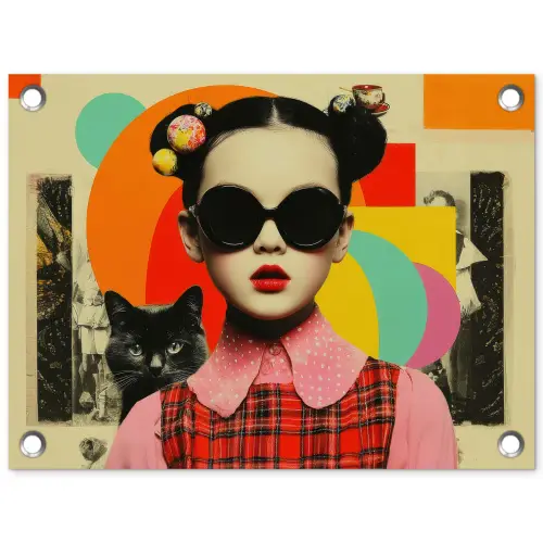 Meisje - Zonnebril - Kat - Retro tuinposter los doek klein -3d