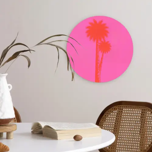 Palmbomen - Modern - Roze Wandcirkel kunststof plaat 5mm dik klein -sfeer4