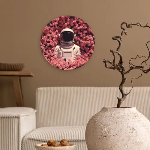 Bloemen - Roze - Astronaut Wandcirkel kunststof plaat 5mm dik klein -sfeer1