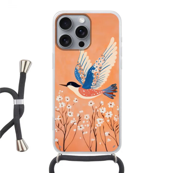 Vogel - Bloesemtakken - Warm - Kleurrijk Hoesje iPhone 16 Pro Max met koord klein -3d