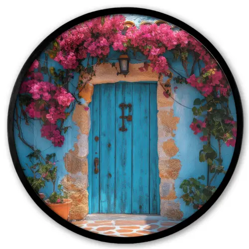 Deur - Hout - Bloemen - Blauw Fotolijst rond zonder passe partout klein -3d