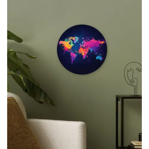 Wereldkaart - Kleurrijk - Graffiti Wandcirkel plexiglas klein -sfeer3