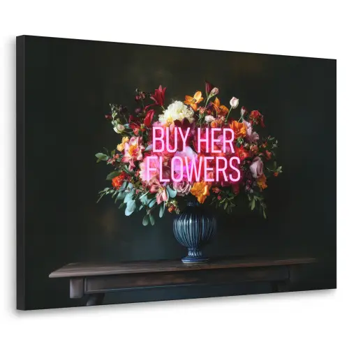 Quote - Bloemen - Vaas - Neon Textielframe zwart klein -3d