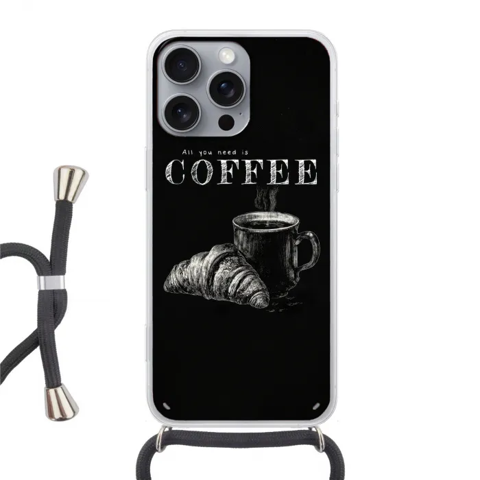 Koffie - Croissant - Tekst Hoesje iPhone 16 Pro Max met koord klein -3d