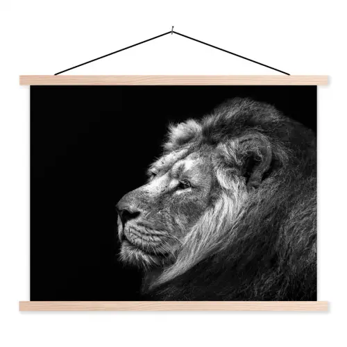 Leeuw tegen zwarte achtergrond in zwart-wit textielposter latten blank klein -3d