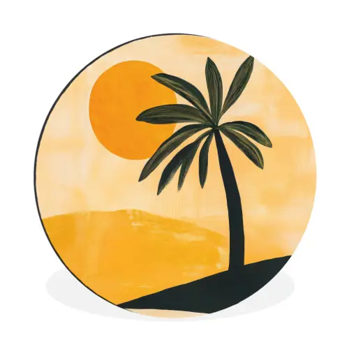 Illustratie - Palmboom - Zon - Heuvels Wandcirkel aluminium klein -3d