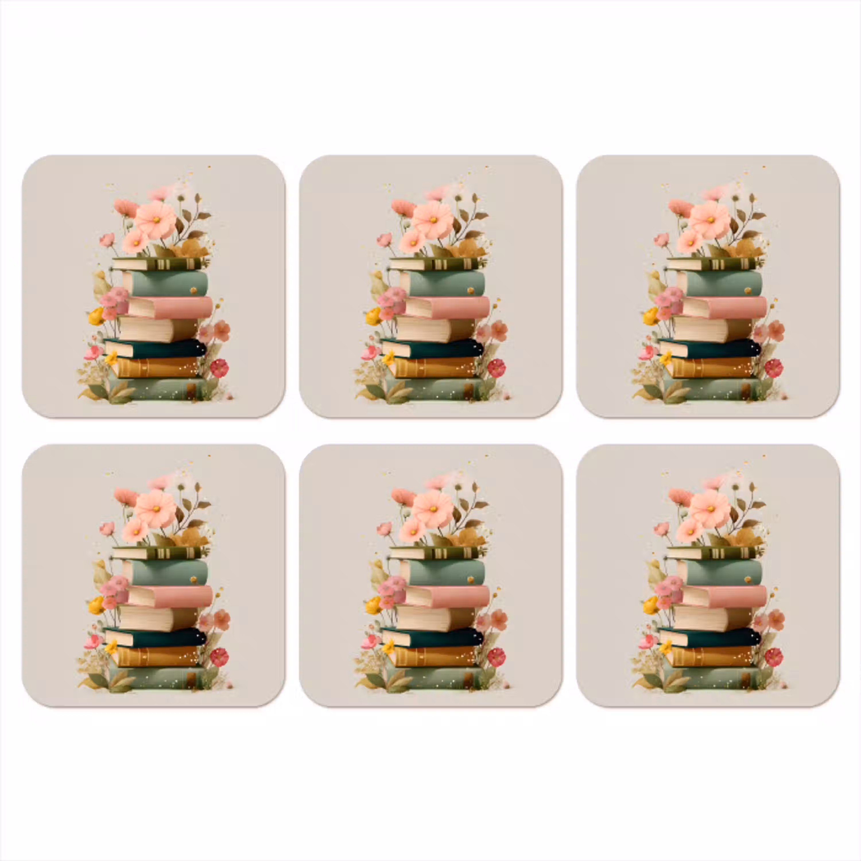 Boeken - Stapel - Bloemen - Kleurrijk onderzetter kurk middel -3d