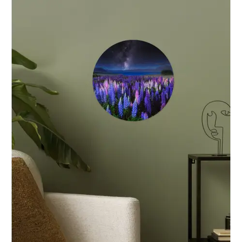 Bloemen - Nacht - Lupine - Sterrenhemel - Paars - Natuur Wandcirkel behangsticker klein -sfeer2
