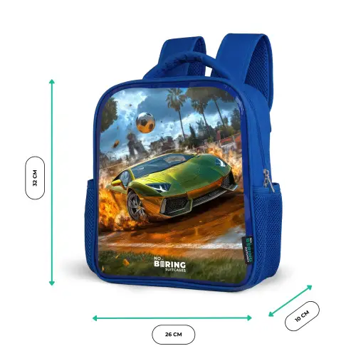 Sportauto knalt door voetbalveld met bal Kinderrugzak - Blauw middel -productfoto_formaten