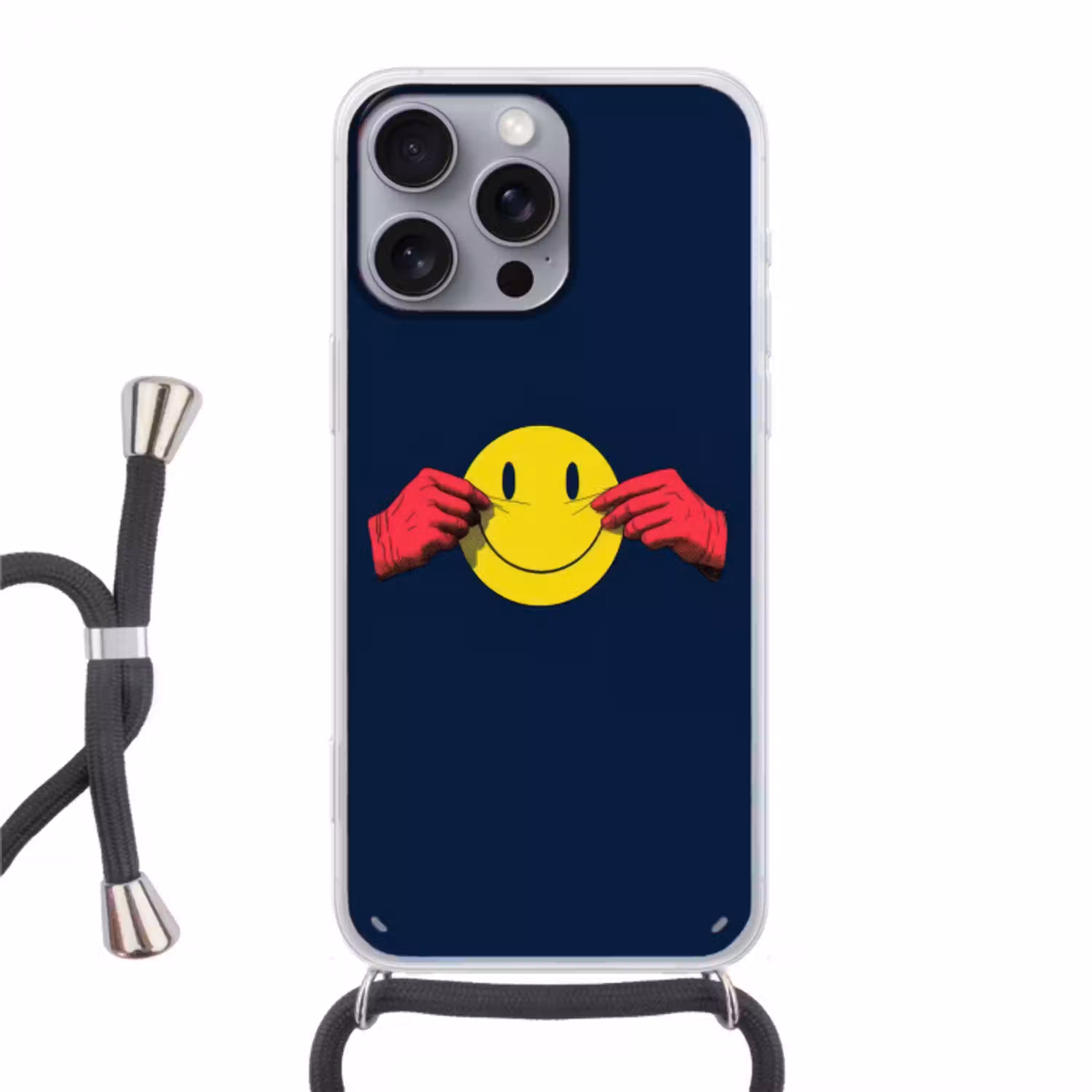 Smiley - Geel - Handen - Minimalistisch Hoesje iPhone 16 Pro Max met koord klein -3d