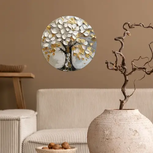 Boom - Beige - Grijs - Goud - Abstract Wandcirkel behangsticker klein -sfeer1