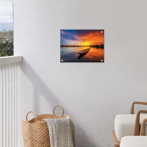 Boot - Water - Zonsondergang - Oranje - Water tuinposter los doek klein -sfeer8