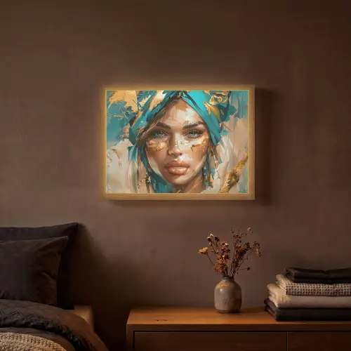 Vrouw - Portret - Goud - Luxe - Blauw Light Box met batterij (Wandlamp) middel -sfeer4