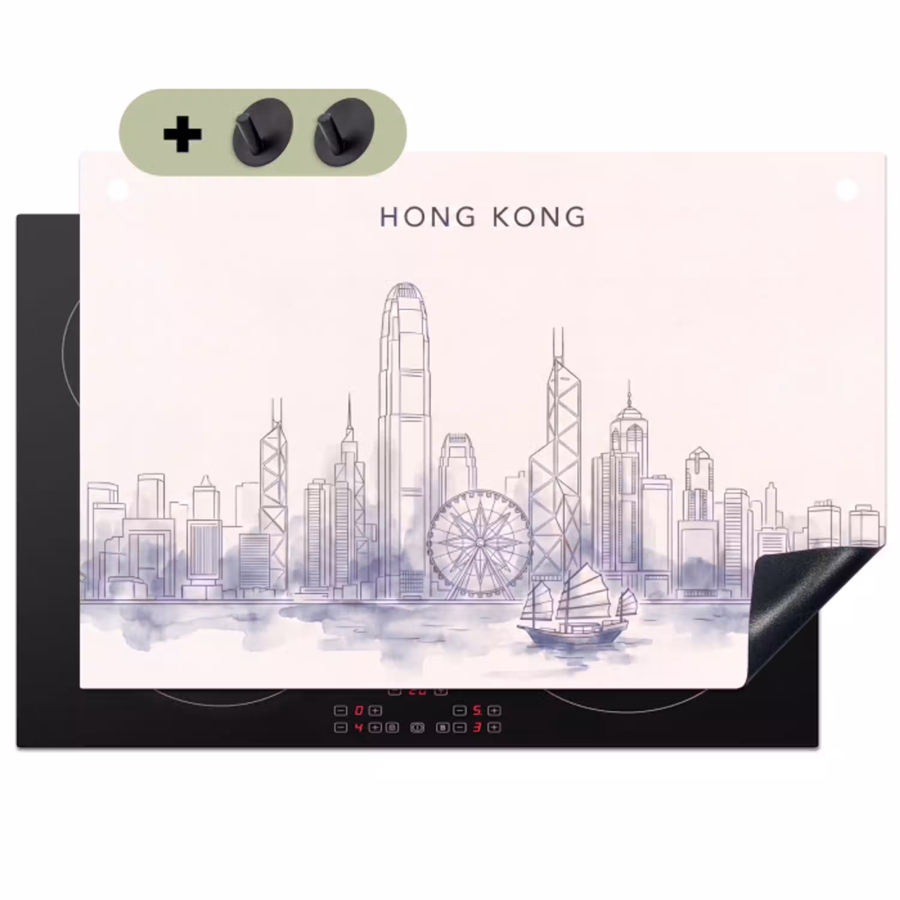 Stad - Skyline - Water - Lijntekening - Blauw Inductie beschemer met haakjes klein -3d