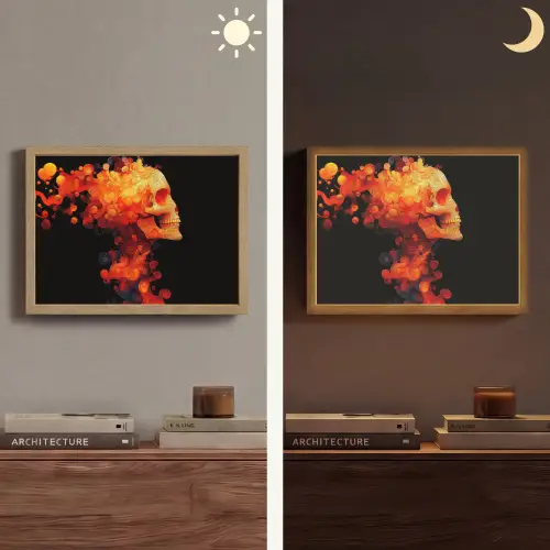 Schedel - Oranje - Zijaanzicht - Vlammen Light Box met batterij (Wandlamp) middel -sfeer3