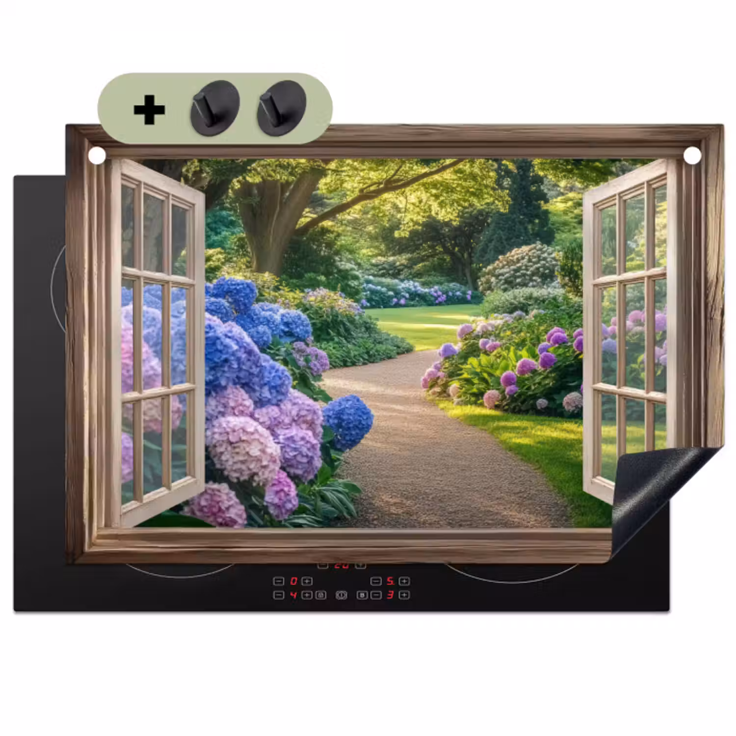 Inductie beschermer en spatscherm (2in1) - Doorkijk - Tuin - Raam - Hortensia - Bloemen