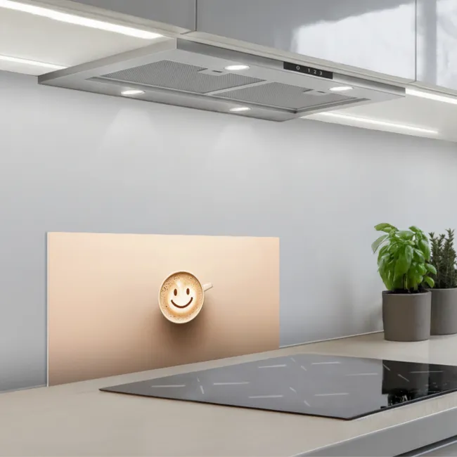 Koffie - Melkschuim - Lach - Beige keuken achterwand spatscherm klein -3d_schuin