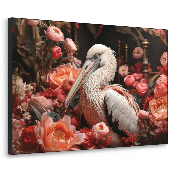 Pelikaan - Dier - Bloemen - Natuur - Botanisch - Roze Textielframe zwart klein -3d