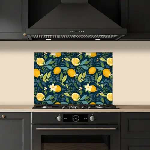 Bloemen - Bladeren - Citroenen - Blauw keuken achterwand spatscherm klein 900 -sfeer1