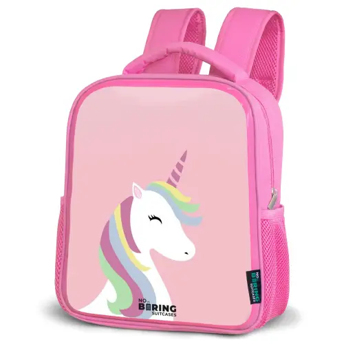 Cartoon unicorn met regenboogmanen Kinderrugzak - Roze middel -schuin